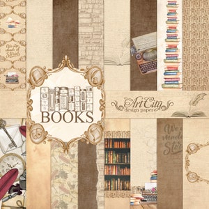 Op de afbeelding: Digitaal papierpakket met een vintage boekthema. Het pakket bevat 10 verschillende ontwerpen met boeken, typemachines en andere literaire elementen. De ontwerpen zijn in tinten bruin, beige en crème.