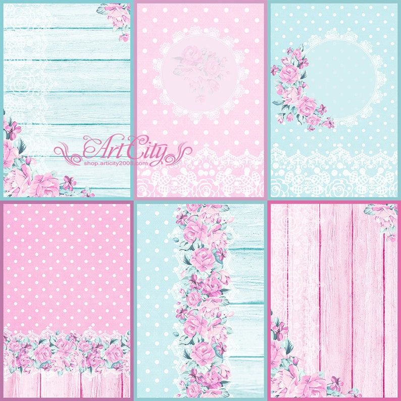 May include: Six digital paper designs featuring a variety of patterns, including pink and blue polka dots, white lace, and wood grain. The designs also include pink and white floral patterns.