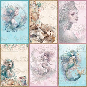 Tarjeta de princesa del mar, papel Digital azul, colección de agua, paquete de papel de océano de verano, pegatinas de cumpleaños de concha imprimibles DIY