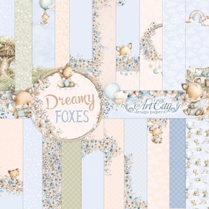 Dreamy Foxes Baby Scrapbook Paper Pack, Cute Woodland Fox Digital Papers, Pastel Nursery Backgrounds image 1