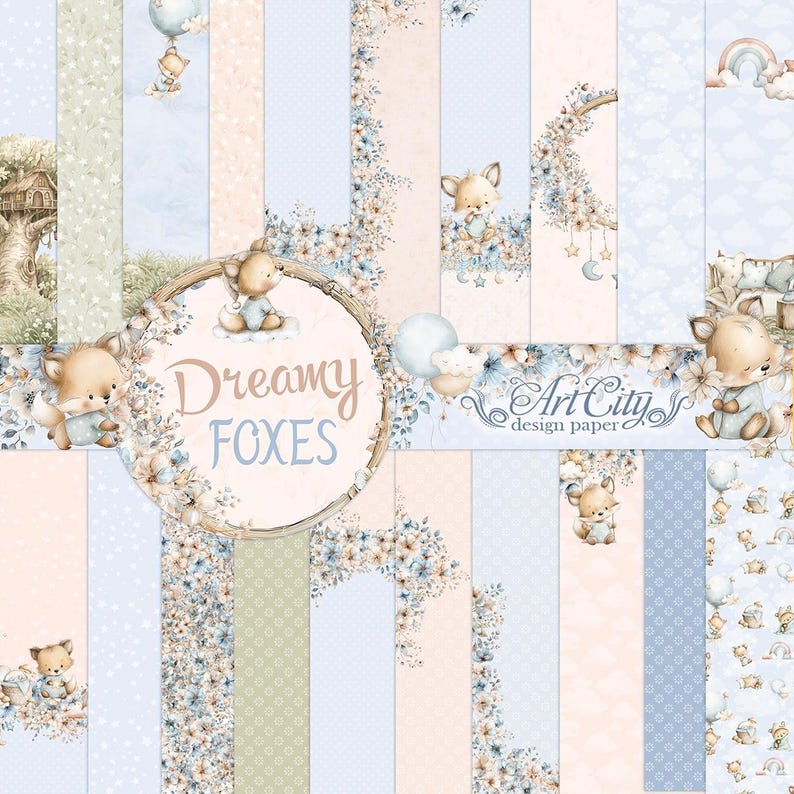 Dreamy Foxes Baby Scrapbook Paper Pack, Cute Woodland Fox Digital Papers, Pastel Nursery Backgrounds image 1