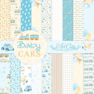 Carta digitale Baby Cars, album di ritagli per bambini blu e beige, graziosi modelli di trasporto, sfondi di aerei e treni