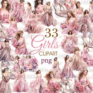 33 imágenes prediseñadas de princesas PNG: niñas, vestidos, flores y zapatos en acuarela, descarga instantánea, uso comercial