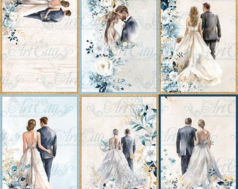 Bride and Groom Blue Wedding Digital Paper Golden Flower Cards Scrapbook Love Background Ornament Printable DIY Floral Patterns Planner