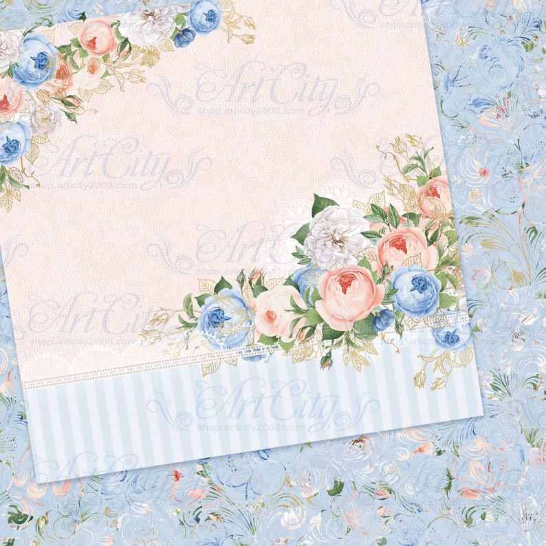 Floral Dreams Digital Paper Pack - Soft Peach and Blue Roses, Vintage ...