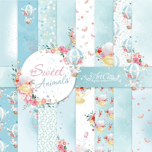 Bebé Papel Digital Dulce Animal Scrapbook Fondo Niños Globo Azul Patrón Niño DIY Imprimible Recién Nacido Ducha Cumpleaños Pegatinas Tarjetas