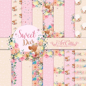 Puede incluir: Un conjunto de 10 diseños de papel digital con un lindo ciervo con una corona de flores y una variedad de patrones florales. Los papeles son en tonos rosas, amarillos y verdes y son perfectos para scrapbooking, creación de tarjetas y otros proyectos de manualidades. El texto "Sweet Deer" y "Art City design paper" está incluido en la imagen.