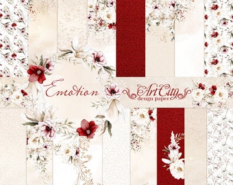 May include: A set of 10 digital papers featuring watercolor floral designs in shades of red, white, and gold. The papers have a vintage, romantic feel and are perfect for scrapbooking, card making, and other craft projects. The text "Emotion Art City design paper" is included in the design.