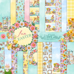 Fun Easter Digital Paper Pack - Cute Spring Bunny and Chick Scrapbook Papers, Pastel Yellow and Aqua Backgrounds