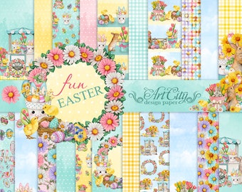Fun Easter Digital Paper Pack - Cute Spring Bunny and Chick Scrapbook Papers, Pastel Yellow and Aqua Backgrounds