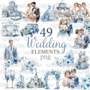Dusty Blue Wedding Digital Clipart Pastel azul flor novia novio iglesia anillos de fondo, regalos, imprimible Craft PNG, uso comercial