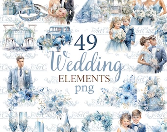 Dusty Blue Wedding Digital Clipart Pastel blue Flower Bride Groom Church Background rings, gifts, printable Craft PNG, Commercial use