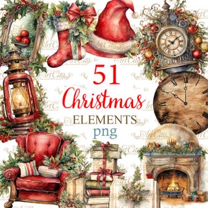 Puede incluir: Un conjunto de 51 elementos navideños de acuarela, que incluyen un sillón rojo, una chimenea, un reloj, una linterna, una pila de libros, una pila de regalos, un gorro de Papá Noel, una bota y una corona. Los elementos son perfectos para crear diseños digitales festivos.
