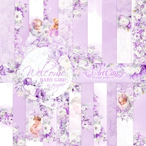 Pacchetto di carta digitale per bambina viola - Kit di album per baby shower floreale lavanda e bianco