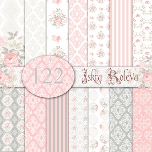 Papel digital de boda Blush Grey Scrapbook Fondo Floral Melocotón Ornamento Patrón Flores Suministros Rosa Shabby Chic Planificador Pegatinas Tarjetas