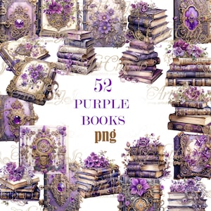 Pode incluir: Uma colagem digital de 52 livros roxos e dourados com embelezamentos florais. Os livros estão dispostos em várias pilhas e imagens individuais. O texto "52 PURPLE BOOKS png" é exibido no centro da imagem.