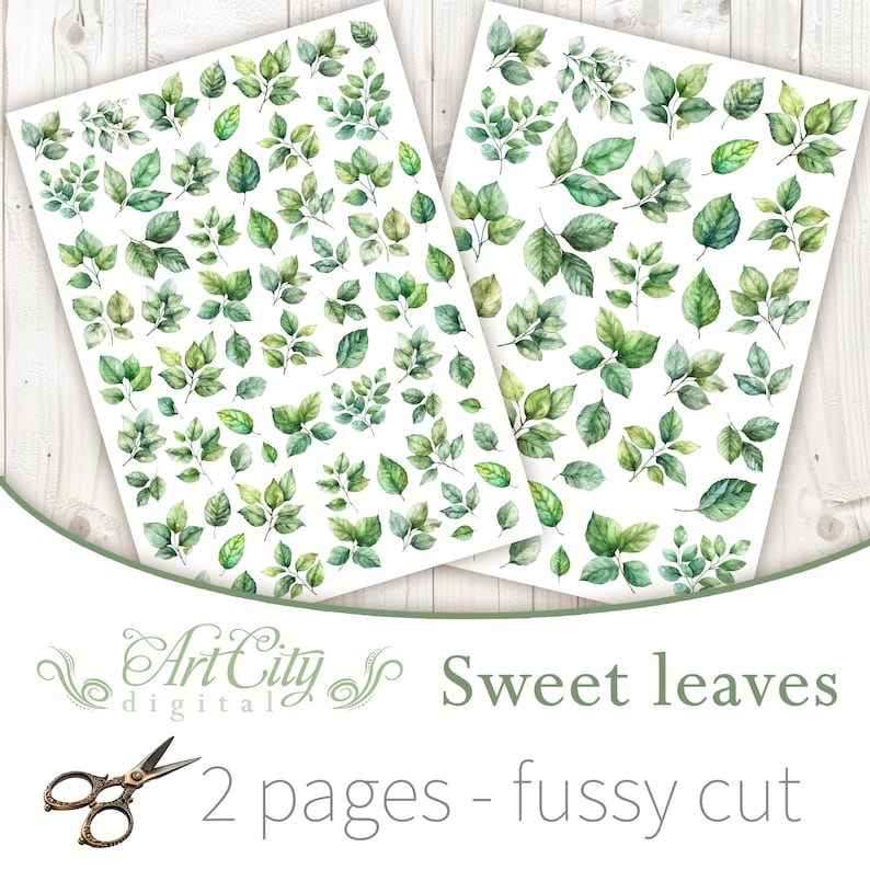 Green Leaves Fussy Cut Printable, Botanical Leaf Clipart, Scrapbooking Elements, Journal Card Making, Instant Download image 2