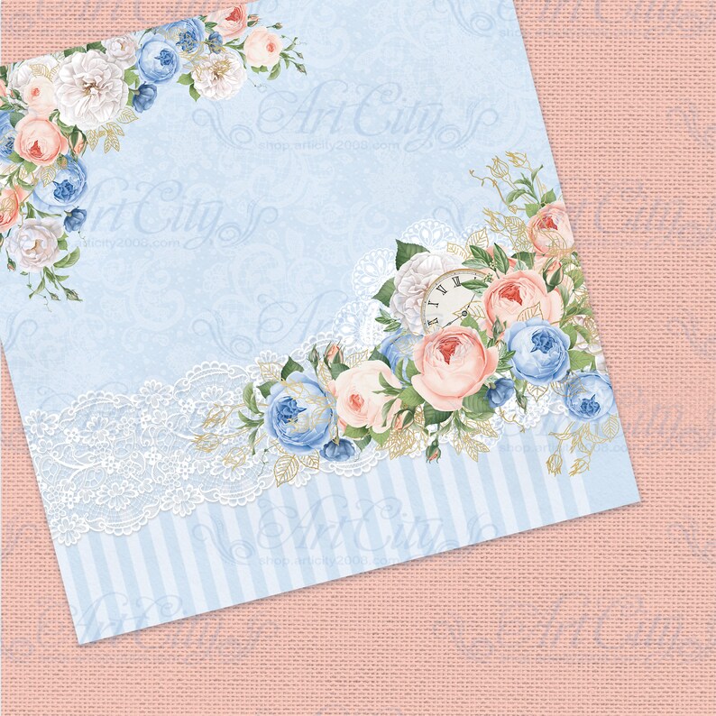 Floral Dreams Digital Paper Pack - Soft Peach and Blue Roses, Vintage ...