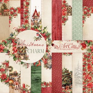 Pacchetto di carta digitale Christmas Charm – Sfondi festivi rossi, verdi e crema