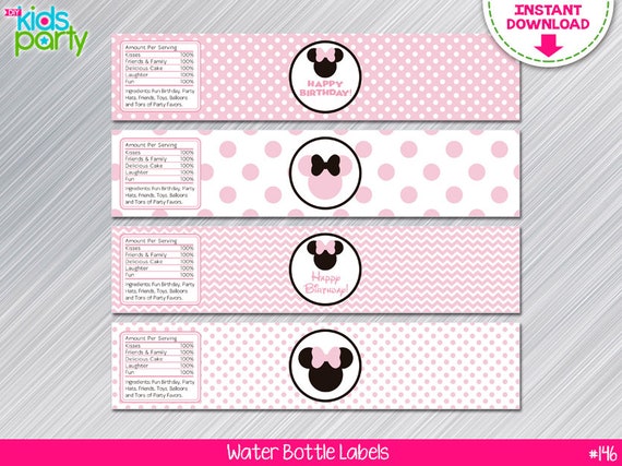 INSTANT DOWNLOAD Pink and Black Minnie Mouse inspired Print Yourself Birthday Water Bottle Labels, Bottle Labels for Birthday Il_570xn