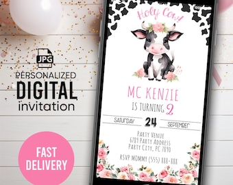 Cow Digital Invitation, Cow Birthday Girl Invitation, Cow Personalized Invitation, Baby Girl Party, Cow Party Decoration, Cow Party