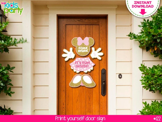 INSTANT DOWNLOAD Pink and gold Mouse Door Hanging Sign Print yourself, Mouse Party Printables DIY Il_570xn