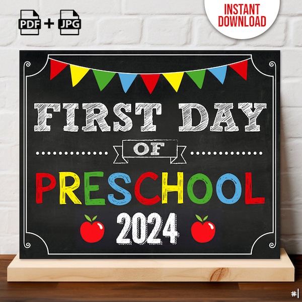 INSTANT DOWNLOAD First Day of Preschool Sign Print Yourself, First Day of Preschool Chalkboard Sign Digital File, First day of school sign