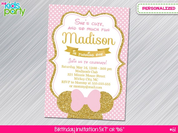 Pink and Gold Glitter Minnie Mouse Print Yourself Invitation 5x7 or 4x6 Il_570xn