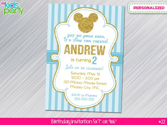 Baby Blue and Gold Glitter Mickey Mouse Print Yourself Invitation 5x7 or 4x6 Il_570xn