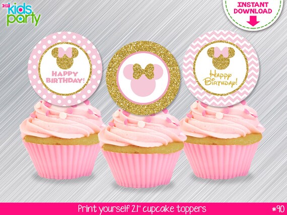 INSTANT DOWNLOAD Pink and Gold Minnie Mouse Cupcake Toppers or Stickers Girl Birthday Print yourself, Pink and Gold Minnie Party Printables Il_570xn