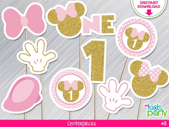 INSTANT DOWNLOAD Pink and Gold Minnie Mouse Centerpieces First Birthday Print yourself, Pink and Gold Minnie Party Printables DIY Il_570xn