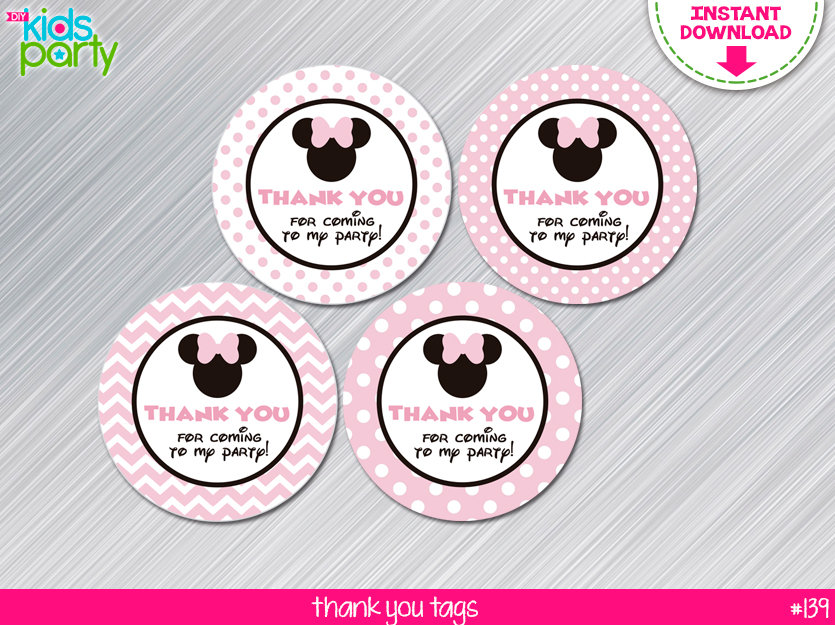 Minnie Mouse Pattern1 Print Waterproof Thank You Party 100 Pieces Stickers,  Kids Birthday, Gift Wrapping, Party
