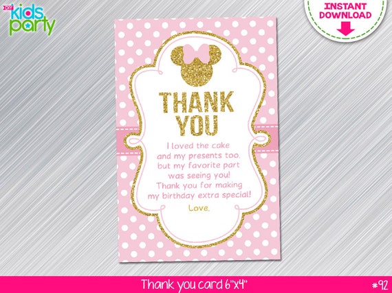 INSTANT DOWNLOAD Pink and Gold Minnie Mouse Thank you Card for Birthday Print yourself, Pink and Gold Minnie Party Printables Il_570xn