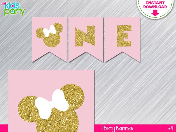 INSTANT DOWNLOAD Pink and Gold Minnie Mouse Inspired First Birthday Banner Print Yourself Il_570xn