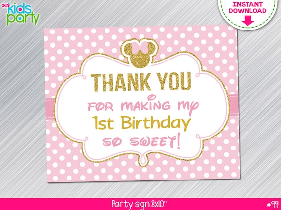 INSTANT DOWNLOAD Pink and Gold Minnie Mouse Inspired 1st Birthday Party Sign Print Yourself Il_570xn
