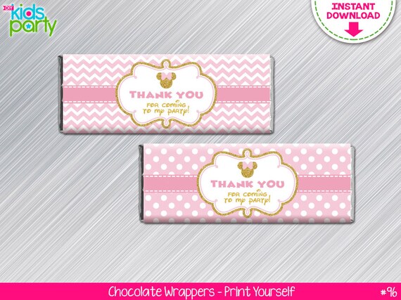 INSTANT DOWNLOAD Pink and Gold Glitter Minnie Mouse Birthday Print Yourself Candy Bar Wrappers, Minnie Chocolate Wrappers Il_570xn
