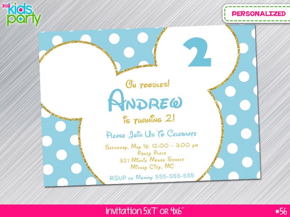 Baby Blue and Gold Glitter Mickey Mouse Inspired invitation printable, print yourself digital file Il_570xn