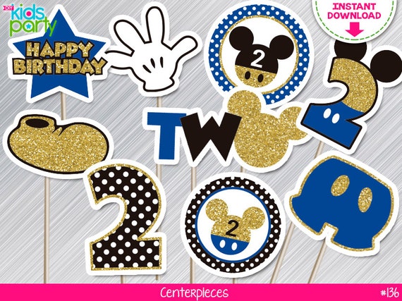 INSTANT DOWNLOAD Navy Blue and Gold Mickey Mouse Inspired Centerpieces Second Birthday Print yourself, Blue and Gold Mickey Mouse Party Il_570xn
