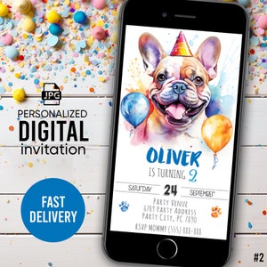 Invito digitale Frenchie, Invito di compleanno Bulldog francese, Invito personalizzato per gli amanti dei cani, Invito virtuale, Invito alla festa del cane