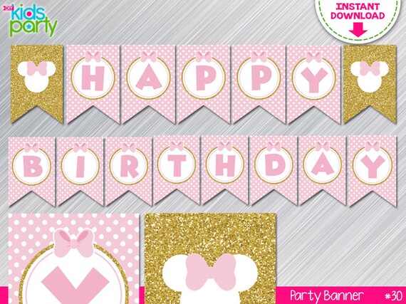 INSTANT DOWNLOAD Pink and Gold Minnie Mouse Inspired Birthday Banner Print Yourself Il_570xn