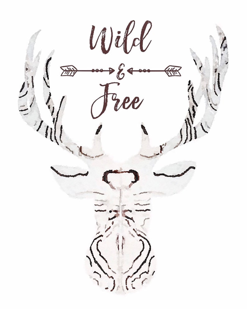Boho Wall Art Deer Head Print Wild & Free Typography wall Etsy