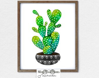 Green and Black Watercolor Cactus Print - Succulent Illustration Painting Wall Art - Plant Prints