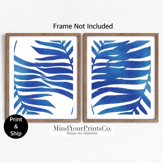 Blue and White Palm Leaf Wall Art Print Set of 2 Gallery Set Etsy