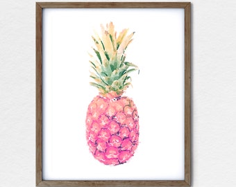 Pink and Green Pineapple Decor Kitchen Art - Fruit Tropical Home Decor -  Beauty Room Wall Art - Pineapple Print for Teen Girl