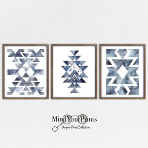 Large Blue Aztec Prints - Gallery Wall Art Set of 3 - Home Decore - Farmhouse Minimal Southwestern Posters, Cowboy Cowgirl Living Room