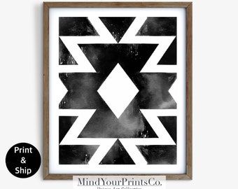 Boho Black and White Southwestern Aztec Print, Cowboy Wall Art, Cowgirl Living Room Home Decore, Country Farmhouse Western Print, Modern