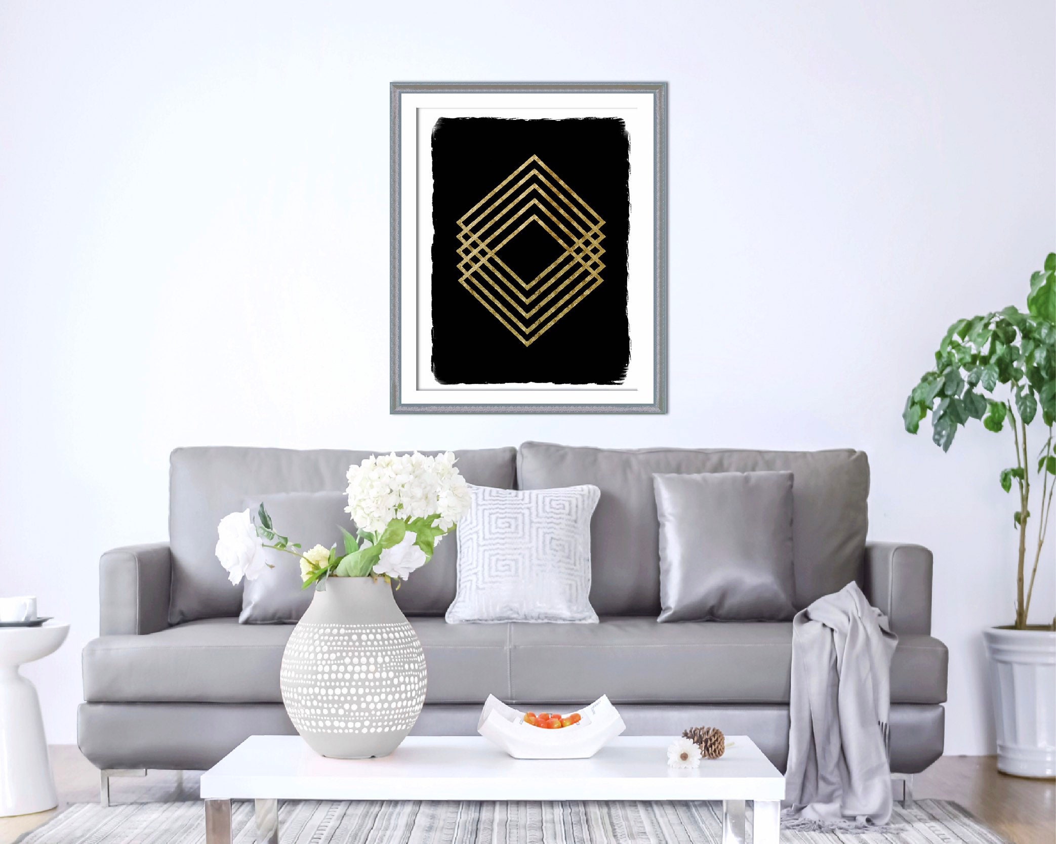 Geometric Decor Black and Gold Gold Geometric Giclee Etsy