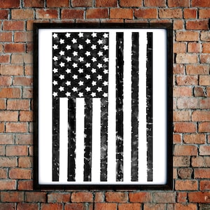 Black and White American Flag - Patriotic Wall Art - Cute Minimalist Flag - Country Home Decore - Unique Tattered Distressed Grunge Flag