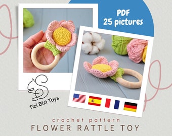 Crochet pattern flower rattle, Baby rattle crochet pattern, Flower baby toy PDF pattern, Flower toy crochet pattern, Crochet rattle tutorial