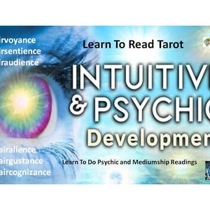 Puede incluir: Una imagen azul y blanca con un ojo grande en el centro. El texto "Learn To Read Tarot" está en la parte superior de la imagen. El texto "INTUITIVE & PSYCHIC Development" está en el centro de la imagen. El texto "Learn To Do Psychic and Mediumship Readings" está en la parte inferior de la imagen.